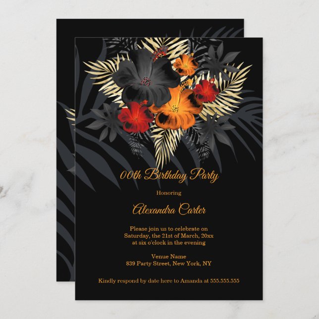 Red Orange Black Hibiscus Flowers Birthday Invitation (Front/Back)