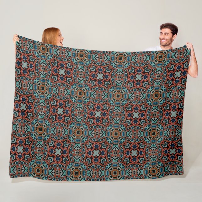 Red Orange Blue Aqua Turquoise Hip Bohemian Art Fleece Blanket (In Situ)
