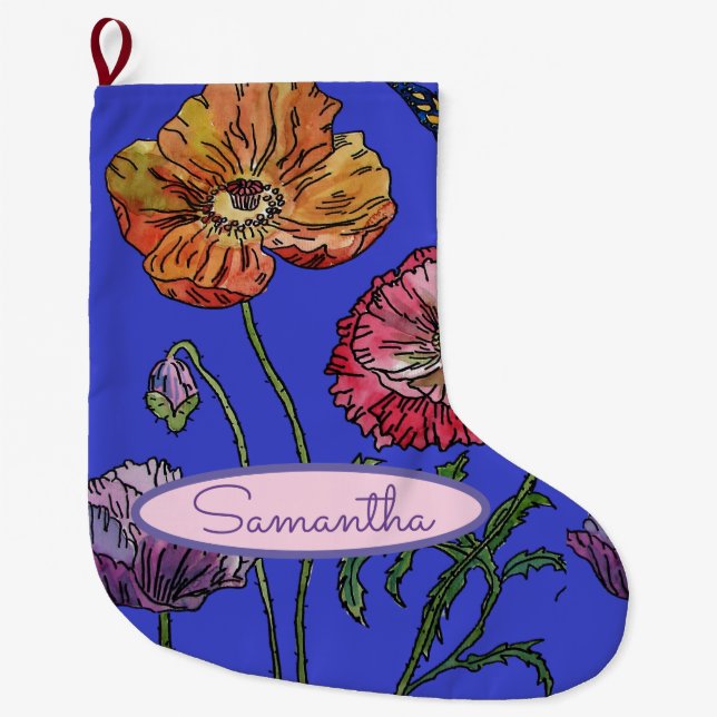 Red Orange Blue Poppy Poppies Floral Art Large Christmas Stocking (Front)