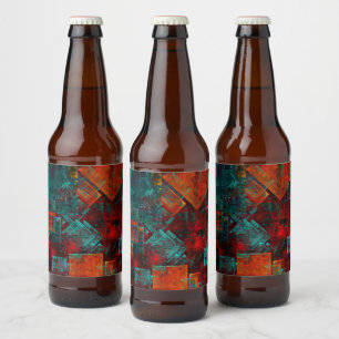 Red Orange Blue Squares Abstract Art Beer Bottle Label