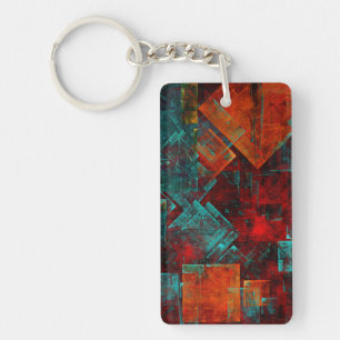 Red Orange Blue Squares Abstract Art Key Ring