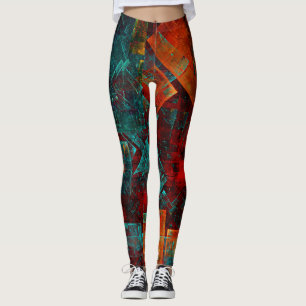 Red Orange Blue Squares Abstract Art Leggings