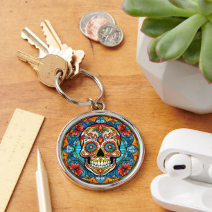 Red Orange Blue Sugar Skull Stained Glass Key Ring