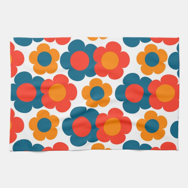 Red Orange Blue Tropical Floral Botanical Summer Tea Towel (Horizontal)