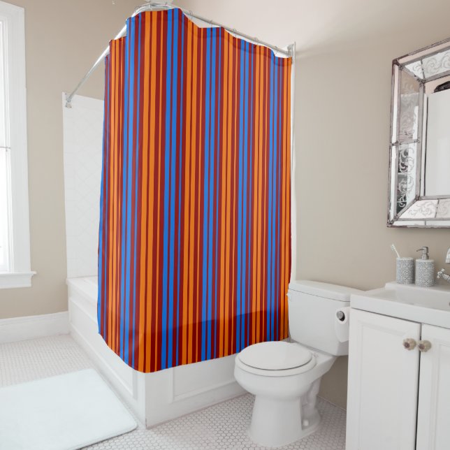 Red Orange Blue Vertical Stripes Design   Shower Curtain (In Situ)