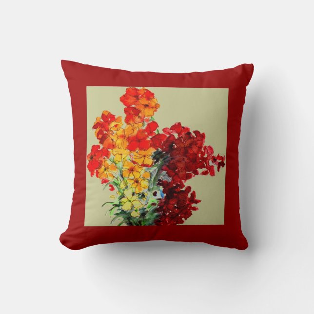 Red, Orange, Burgundy Watercolour Wallflowers Cushion (Front)