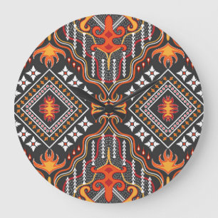 Red-Orange Central Asian: Traditional Motifs Large Clock