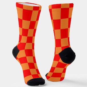 Red Orange Check Chequered Pattern Socks