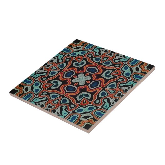 Red Orange Dark Teal Blue Ethnic Tribe Art Tile (Side)