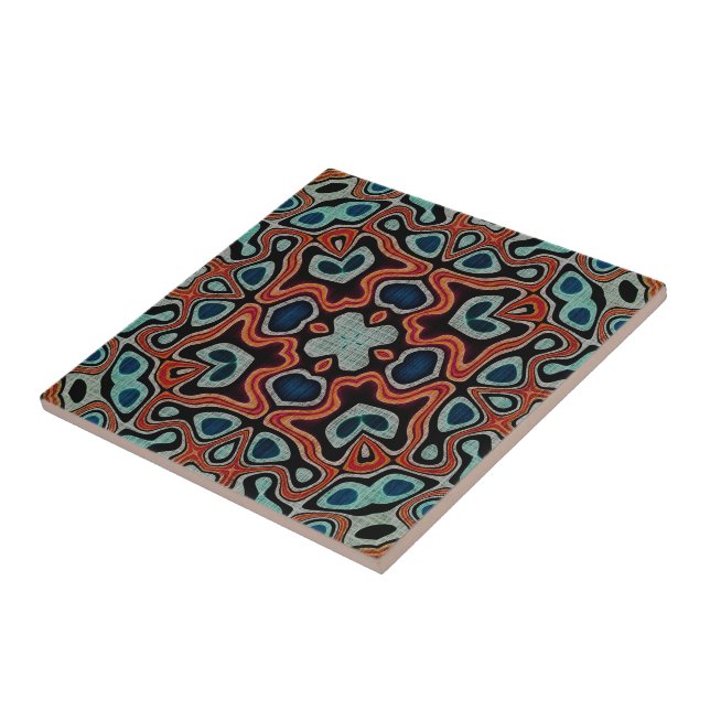 Red Orange Dark Teal Blue Ethnic Tribe Art Tile (Side)