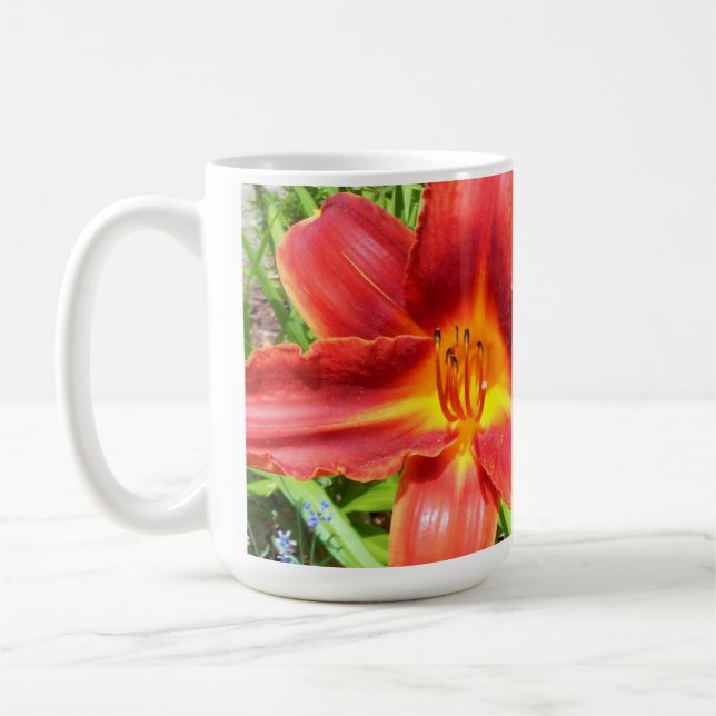 Red Orange Day Lily Coffee Mug, Luke 12:27 Mug (Left)