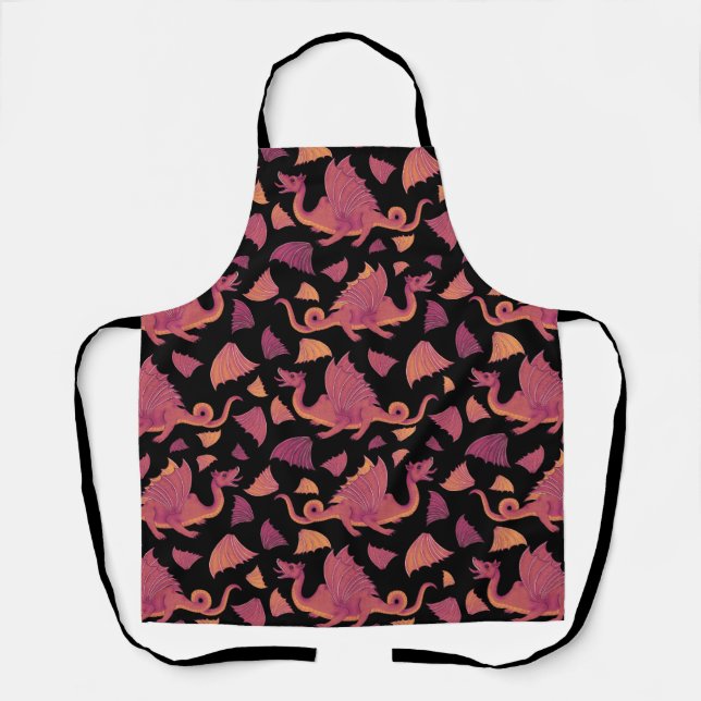 Red Orange Dragon Pattern on Black Apron (Front)