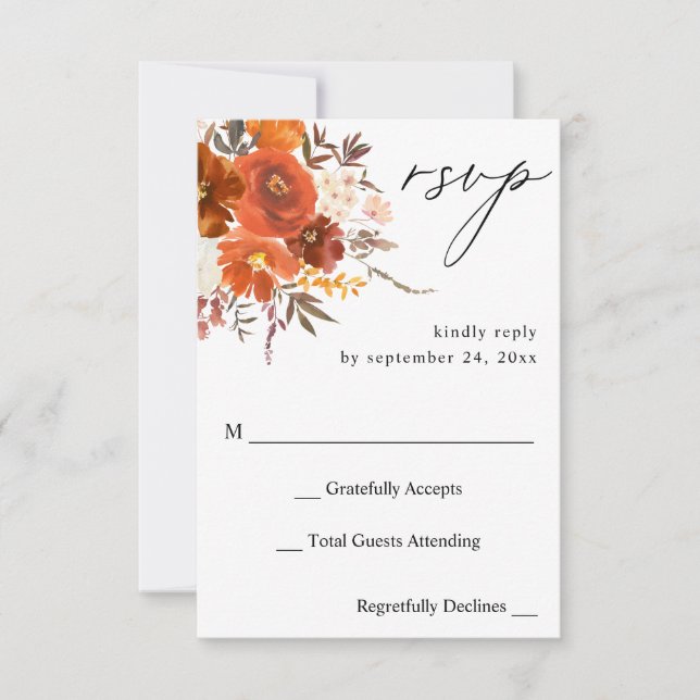 Red & Orange Fall Floral no Meal RSVP Card (Front)