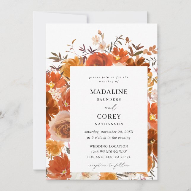 Red & Orange Fall Floral Wedding Invitation (Front)