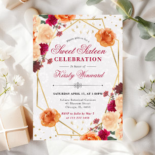 Red & Orange Fall Flowers Frame Sweet 16 Invitation