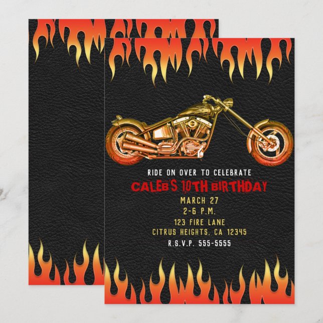 Red & Orange Fire Flames Motorcycle Bike Birthday Invitation (Front/Back)