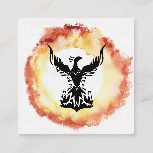 *~* Red Orange Flames Black Phoenix  Ring of Fire Square Business Card (Front)