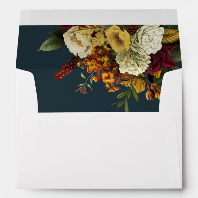 Red|Orange Floral Bouquet Teal Wedding Invitation  Envelope (Back (Bottom))