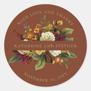 Red   Orange Floral Bouquet With Love and Thanks C Classic Round Sticker
