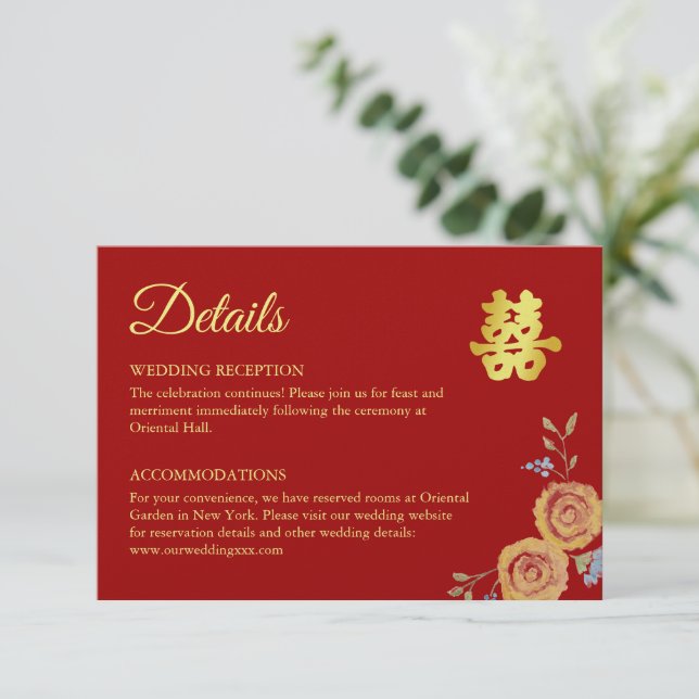 Red orange floral Chinese wedding details Enclosure Card (Standing Front)