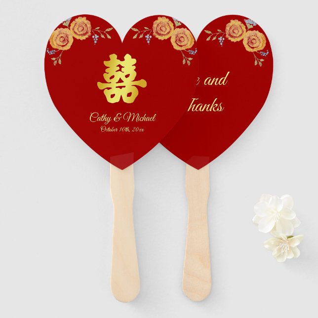 Red orange floral Chinese wedding double happiness Hand Fan (Front and Back)