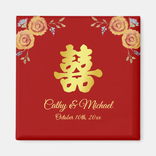 Red orange floral Chinese wedding double happiness Magnet