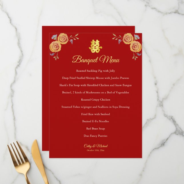 Red orange floral Chinese wedding double happiness Menu (Front/Back In Situ)