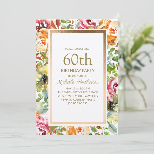 Red Orange Floral Green Leaves Gold 60th Birthday Invitation (Standing Front)