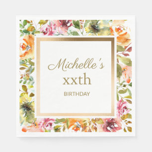 Red Orange Floral Green Leaves Gold Birthday Napkin