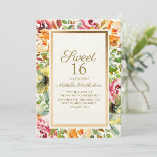 Red Orange Floral Green Leaves Gold Sweet 16 Invitation