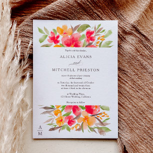 Red orange floral watercolor fall chic wedding invitation