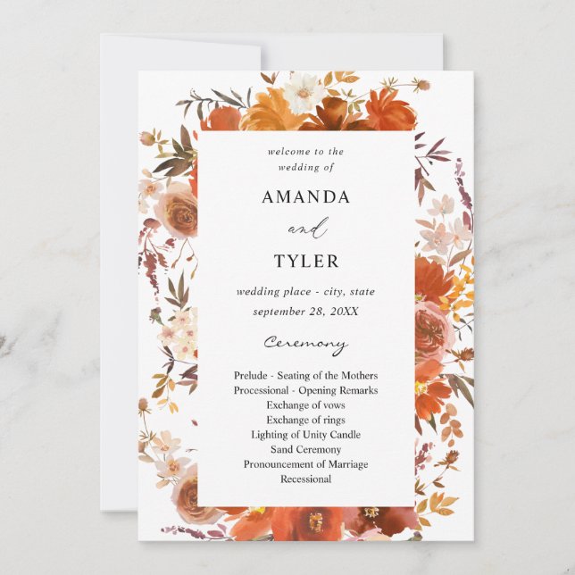 Red & Orange Floral Wedding Ceremony Program Invitation (Front)