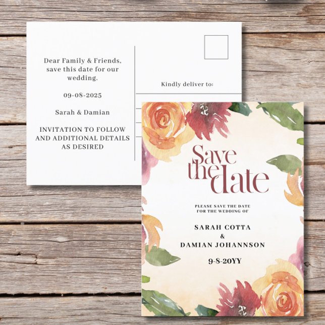 Red Orange Floral Wedding Save the date Postcard (Creator Uploaded)