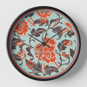 Red Orange Florals on Teal Wall Clock