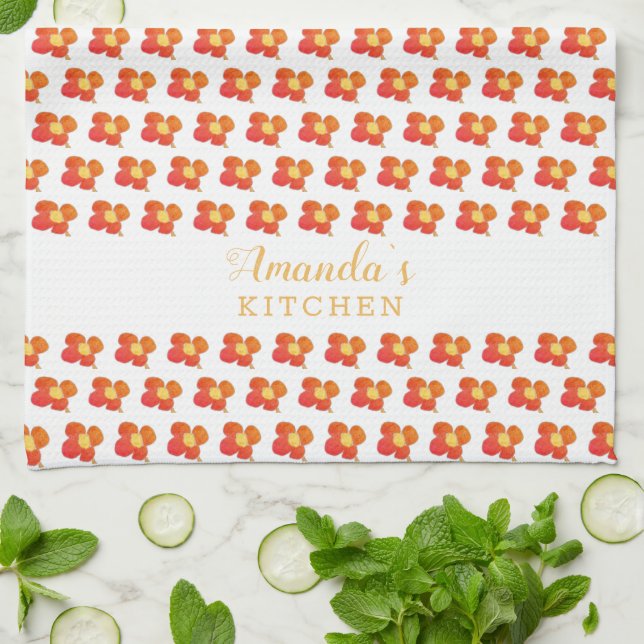 Red Orange Flower Pattern Floral Name Tea Towel (Folded)