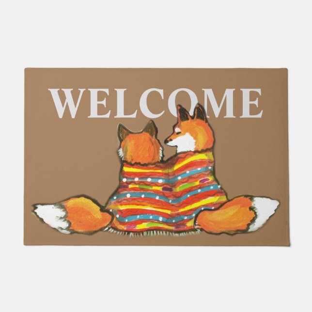 Red Orange Fox Romantic Friend Welcome Large Doormat (Front)
