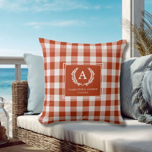 Red-Orange Gingham Monogram Crest Cushion