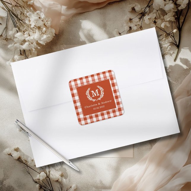 Red-Orange Gingham Monogram Crest Custom Square Sticker (Custom Red-Orange Gingham Monogram Crest Custom Square Sticker)