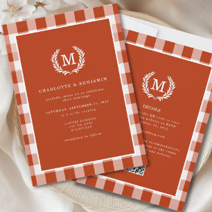 Red-Orange Gingham Monogram Crest QR Code Invitation