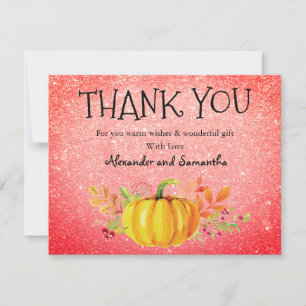 Red orange Glitter Pumpkin Fall Thank You Card