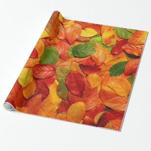 Red Orange Gold & Green Fall Oval Leaves Wrapping Paper