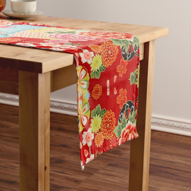 Red Orange Green Japanese Floral Cotton Dining  Short Table Runner (In Situ)