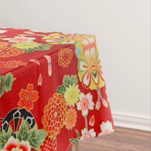 Red Orange Green Japanese Floral Cotton Dining  Tablecloth