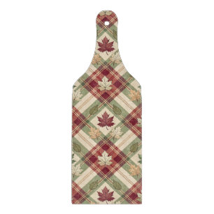 RED ORANGE GREEN PLAID WITH FALL AUTUMN LEAVES CUTTING BOARD