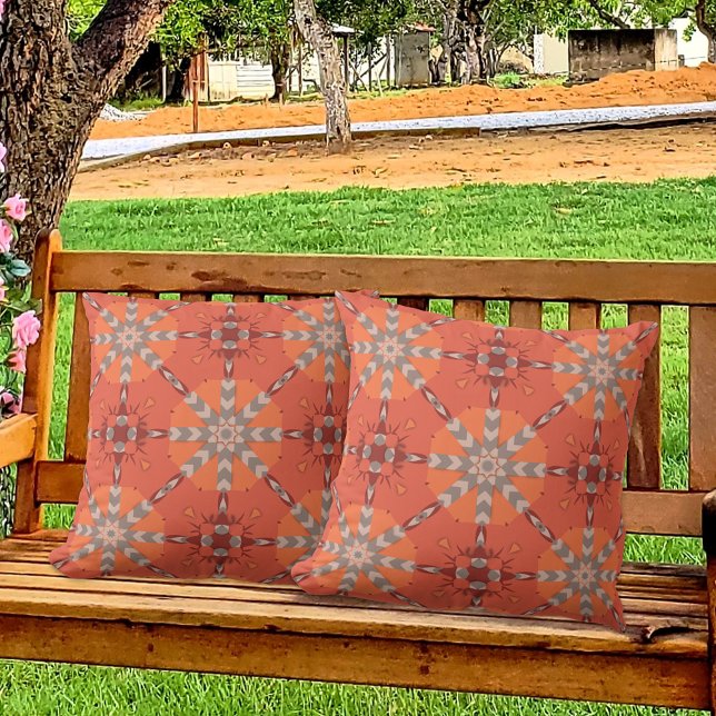 Red Orange Grey Ethnic Bohemian Folk Art Pattern Cushion (Creator Uploaded)