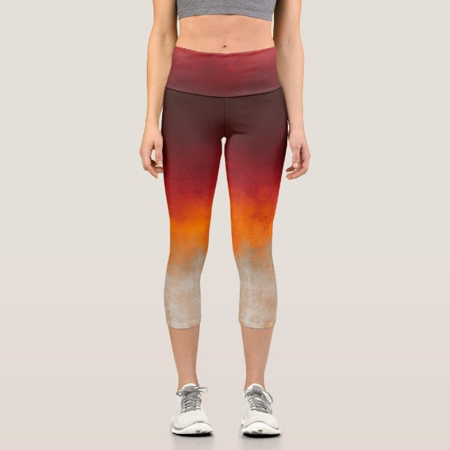 Red Orange Grey White rustic ombre Capri Leggings (Front)