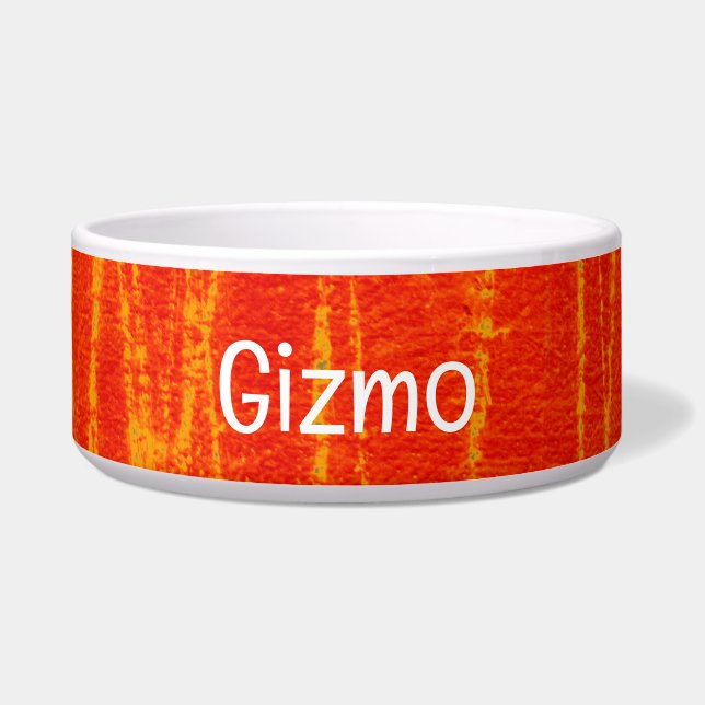 Red-Orange Grunge Pet Bowl with GIZMO Text (Front)