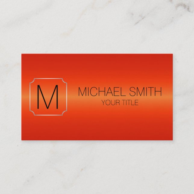 Red Orange Luxury Stainless Steel Metal Monogram Business Card (Front)