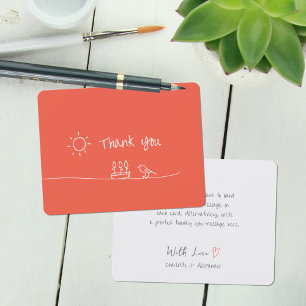 Red Orange Minimalist Flowers Bird Sun Drawing Thank You Card