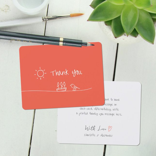 Red Orange Minimalist Flowers Bird Sun Drawing Thank You Card (Red Orange Minimalist Flowers Bird Sun Drawing Thank You Card ©Susanne Sachers - Sunny Mind 🌞)